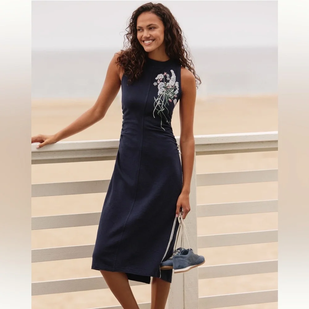 πΌ Anthropologie Daily Practice Navy Sleeveless Floral Embroidered XL Cinch Dress - Picture 1 of 17